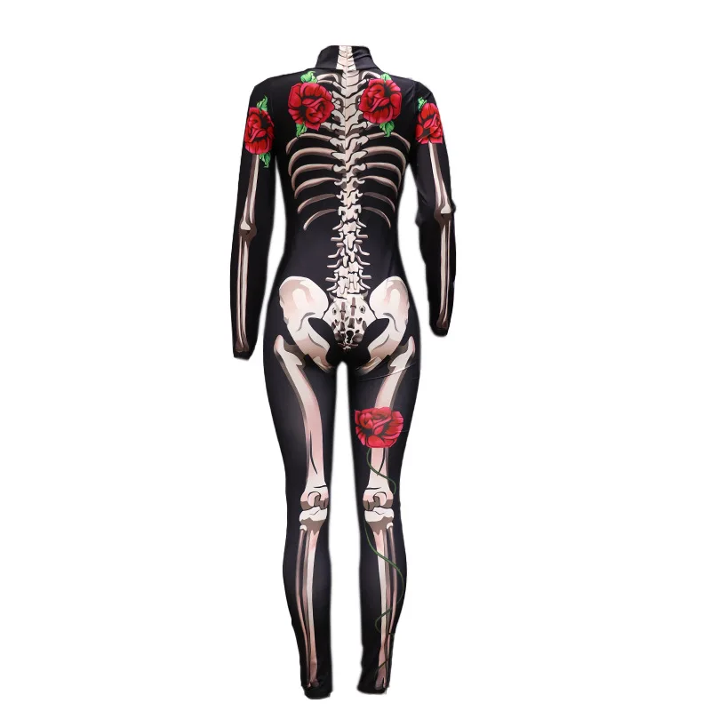 Rose Skeleton Adult Women Scary Costume Halloween Cosplay Long Sleeve Jumpsuit Carnival Party Tight Rompers Day of The Dead