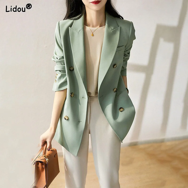 Women's Clothing 2023 Casual Office Lady Fashion Solid Color Loose Notched Temperament Blazers Button Pockets Spring Summer Thin