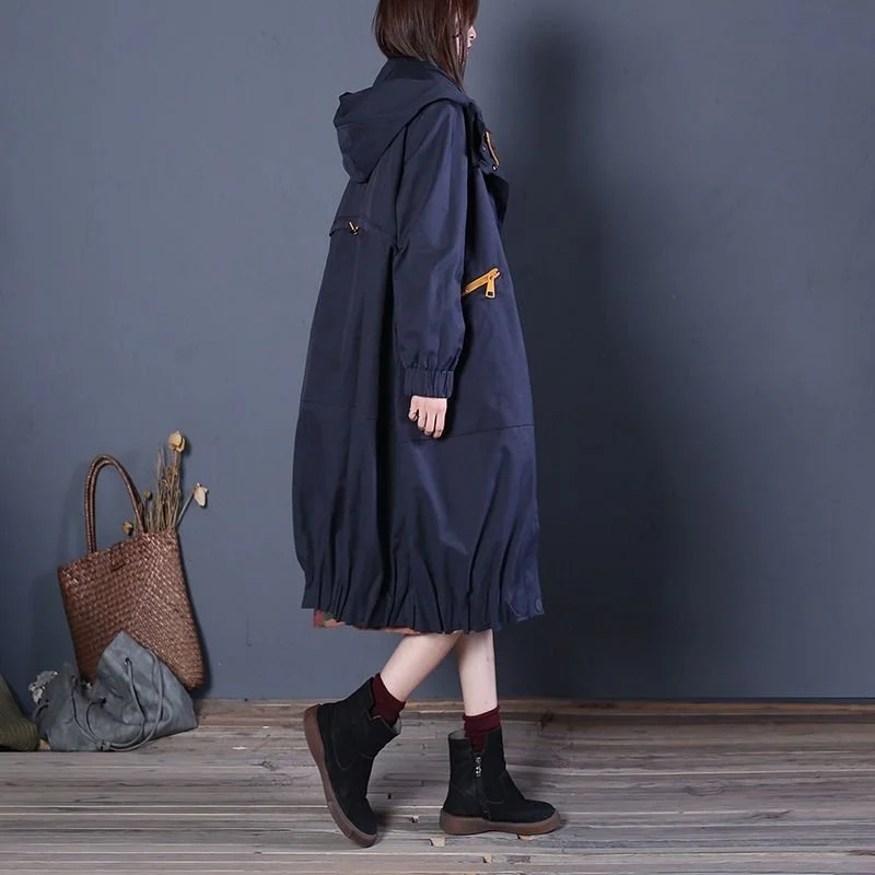 

Spring Autumn Windbreaker Women's Loose Casual Medium Length Hooded Trench Coat Fashion Zipper Long Sleeves Female Overcoat