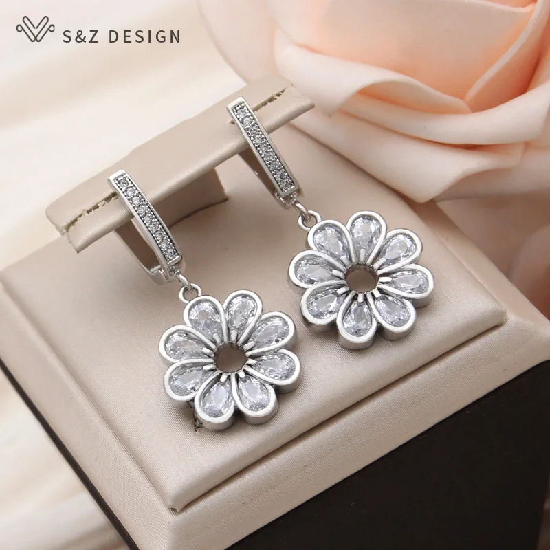 S&Z DESIGN New Fashion Elegant Flowers Cubic Zirconia Dangle Earrings For Women Vintage 585 Rose Gold Color Fine Jewelry Gift