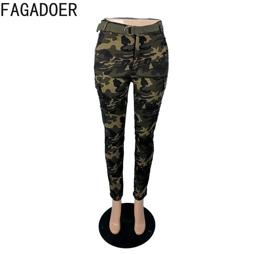 FAGADOER Autumn Casual Camouflage Printing Denim Pants Women High Waisted Button Pocket Trousers Fashion Matching Jean Bottoms