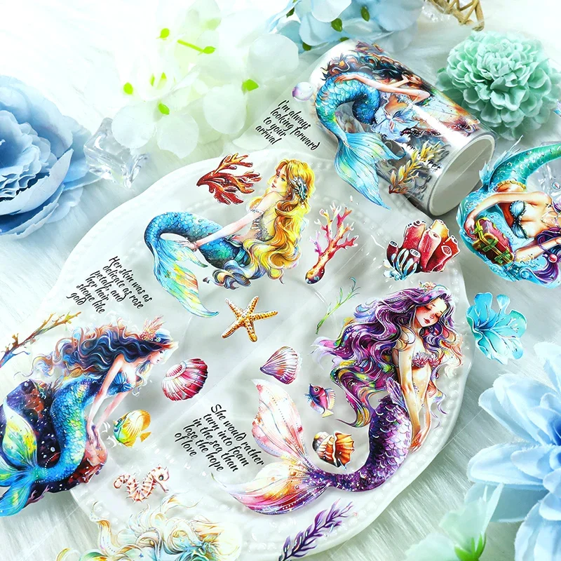 2 Roll Blue Sea PET Tape Mermaid Girl Decorative Masking Tape for Stickers Scrapbooking Journaling Diary Supplies