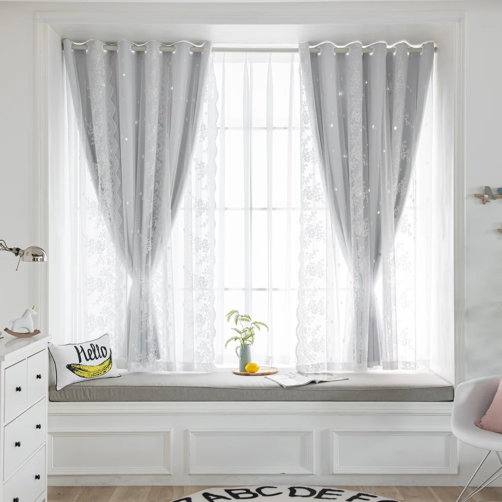 1PC Nuan Series Double Layer White Lace Tulle Curtain Blackout Drapes for Bay Window Bedroom Kids Room 3