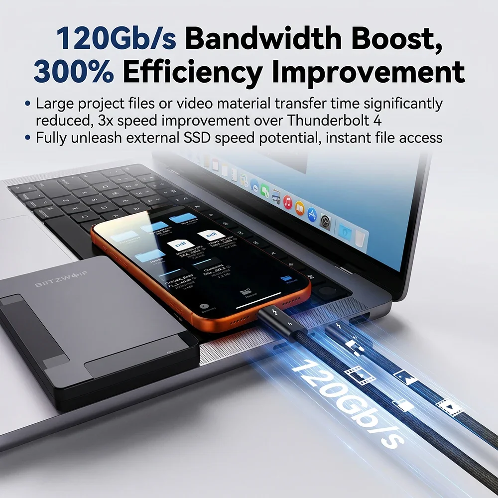 썬더볼트 5 동축 케이블 USB4 타입 C to 타입 C 120Gbps PD 240W 고속 충전 케이블 16K 맥/PC 호환 풀 기능 지원