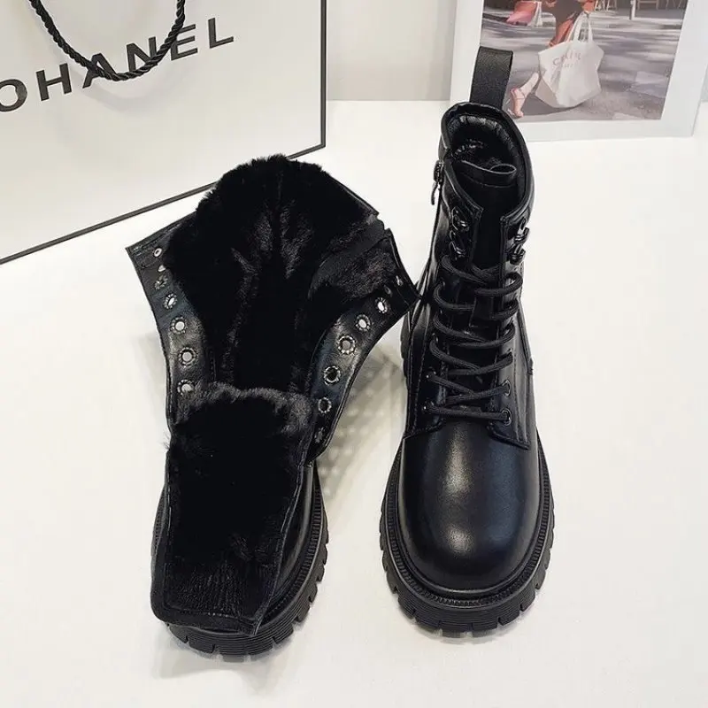 Ankle Platform Chelsea Boots Women Winter 2024 Casual Sport Running Lace Up Snow Women Motorcycle Boots Plush Warm Brand Shoes