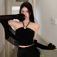 Korean Women Tank Tops  Solid Color Halter Sweet Camisole Slim Sexy Exposed Navel Crop Top - Image 5