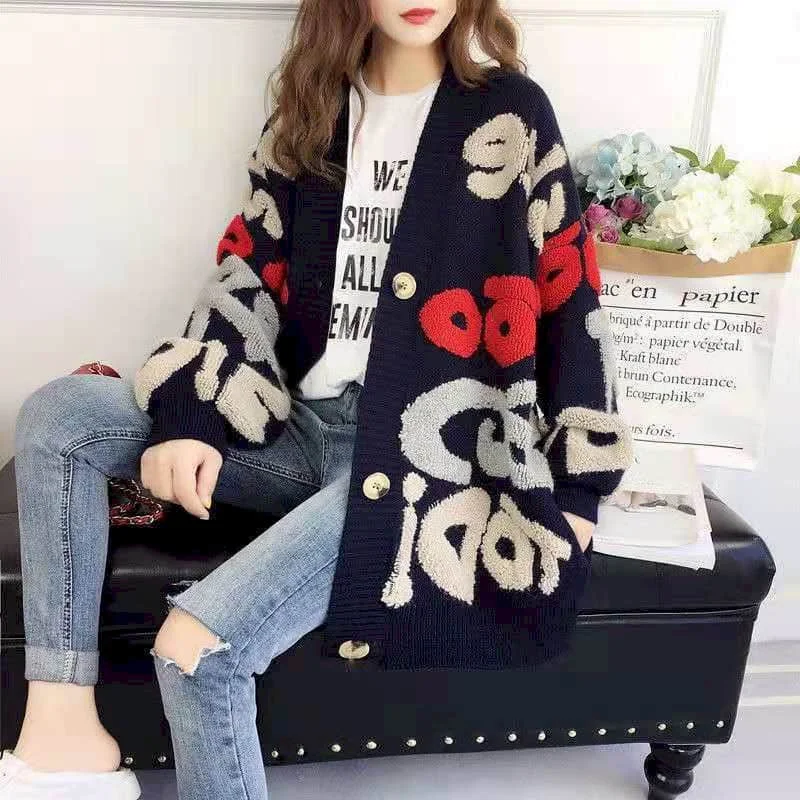 

Sweaters Jacquard Knitted Design Cardigans for Women Oversized Casual Vintage Coats V-neck Korean Style Long Sleeved Women Tops