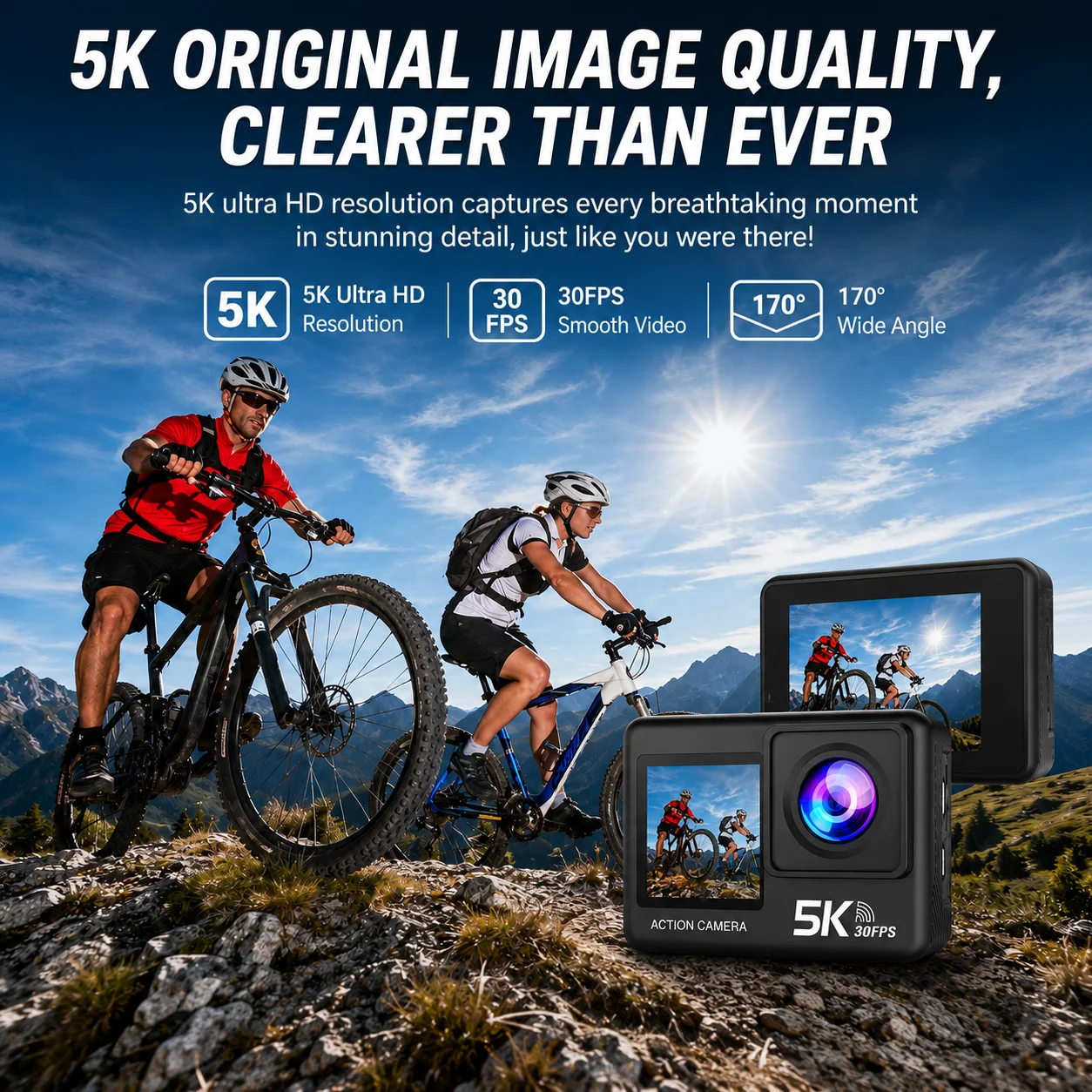 AT-M60TR 5K WiFi 액션 카메라 전문가용 듀얼 스크린 스포츠 카메라 30M 방수 170도 ° 광각 헬멧 자전거 브이로그 카메라 DVR