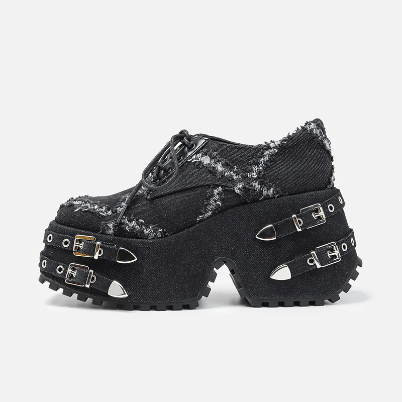 

Cowboy Platform Sneakers Belt Buckles Casual Canvas Shoes Punk Style Designer Shoes Fashion Chunky Square Head Wedge Sneakers