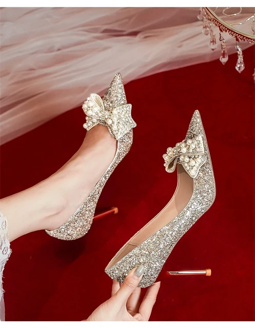 Cinderella Transparent Crystal Wedding Shoes 2023 8 cm Stiletto Heels  Pointed Toe Pumps