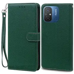 Premium Soft Silicone Leather Wallet Flip Phone Cover - Elegant and Protective Case for Redmi 12C (Dark Green -Strap)