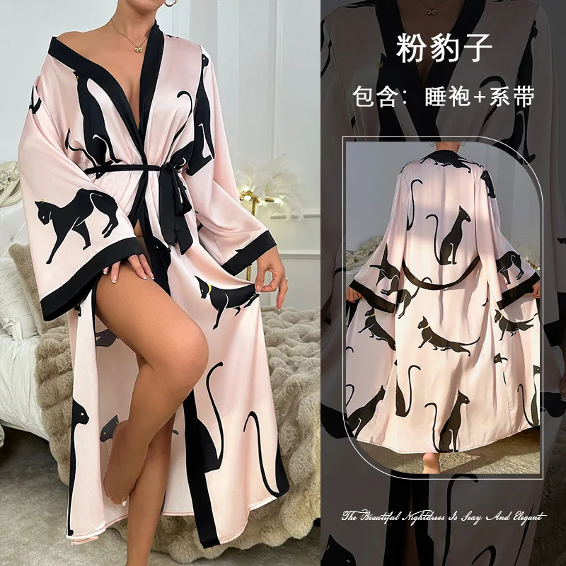 Wedding Party Dress Fashion Printed Robe Women's Clothing Loose Silk Satin Sleepwear Night Gowns Long Sleeve Ladies Bathrobe - 4