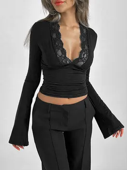 Spring New Women T-shirt Streetwear Fashion Long Sleeves Casual Slim Tees Black Sexy Lace Deep V-neck Elegant Lady Tees Clothing 1
