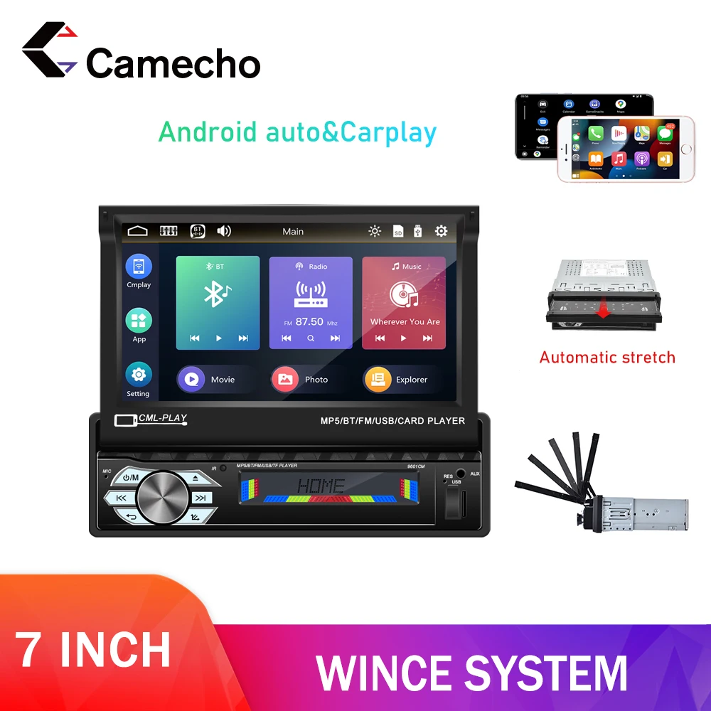 Camecho выдвижной MP5 плеер 1 DIN Apple CarPlay автомобильное стерео радио Bluetooth GPS навигация