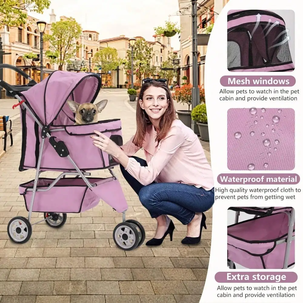 New Pink Pet Stroller Cat Dog Cage 3 Wheels Stroller Travel Folding Carrier 4