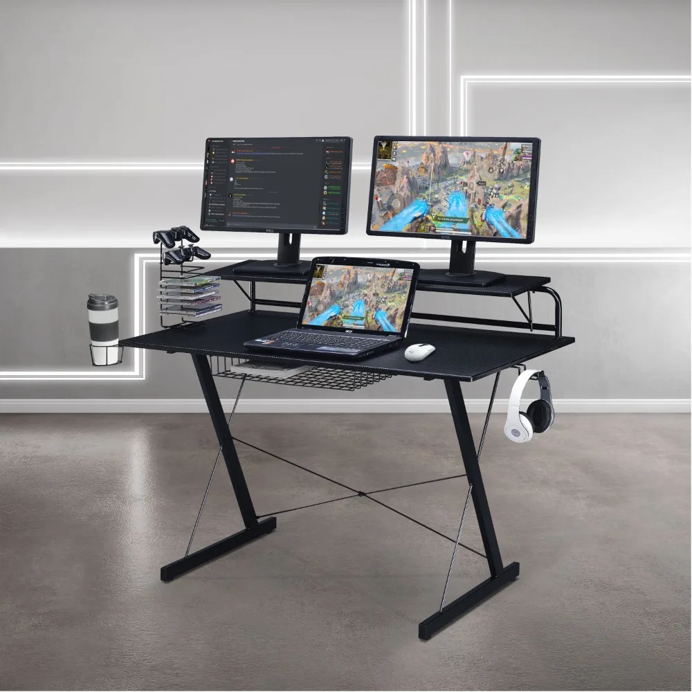 

Bed Room Desk to Study Table Values Black TS-200 Carbon Computer Gaming Desk With Shelving Mesa Gamer Table for Pc Laptop Stand