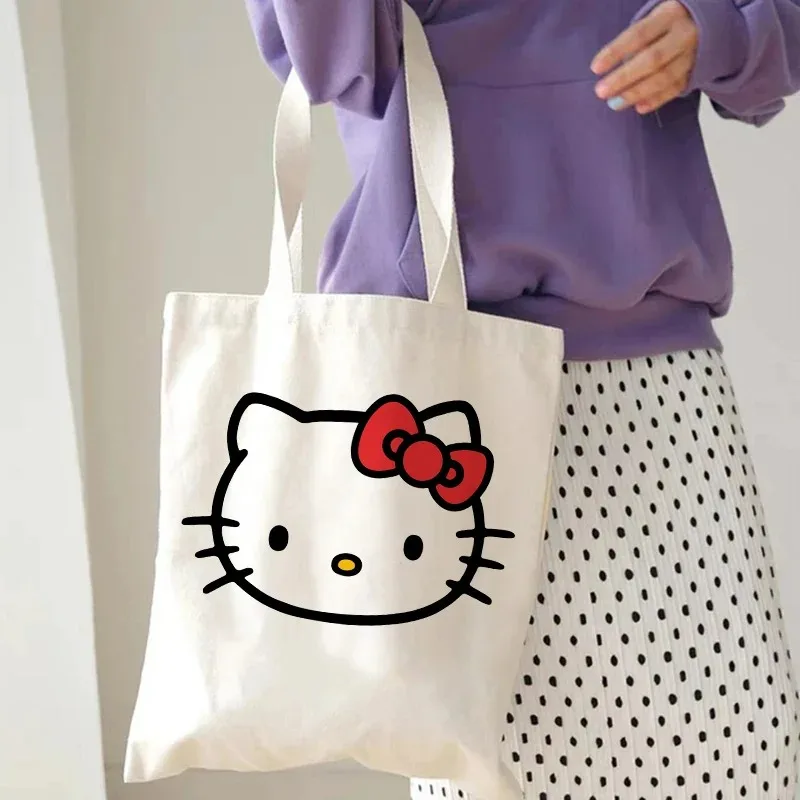 Hello Kitty Canvas Tote Bag Harajuku Y2k 90s Cartoon Girl Handbag Large Capacity Female Shoulder Bags Portable Travel Purse Gift 3
