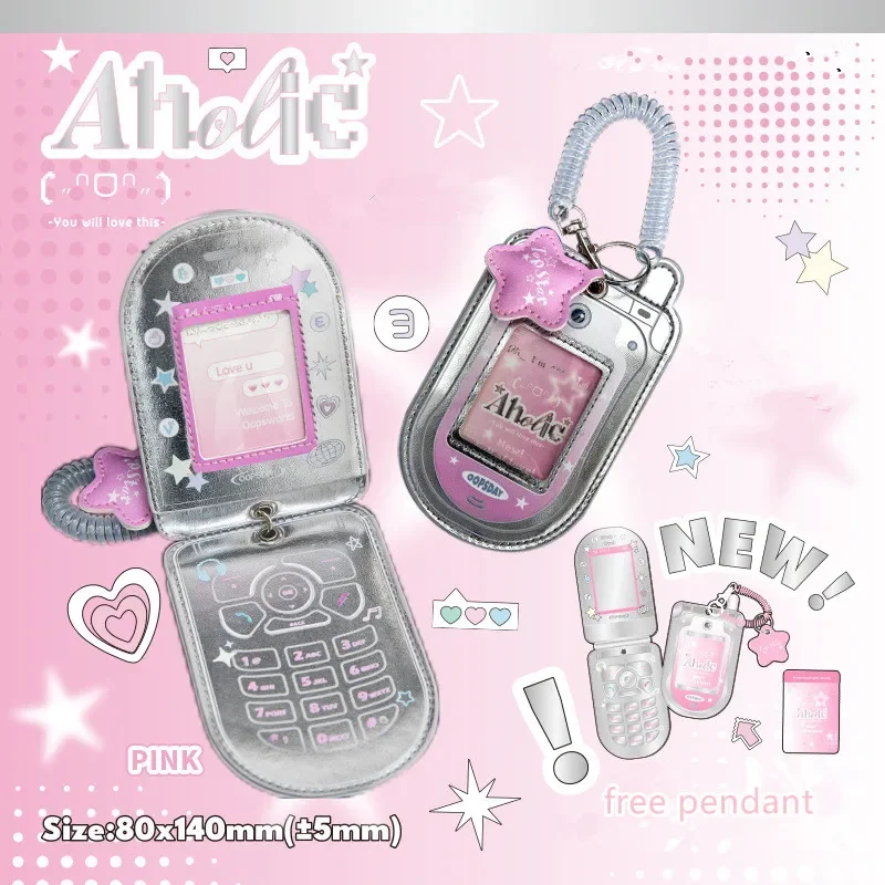 Kawaii PU Leather 3 inch Photo Card Holder Mobile Phone Shape Bag Pendant School Stationery