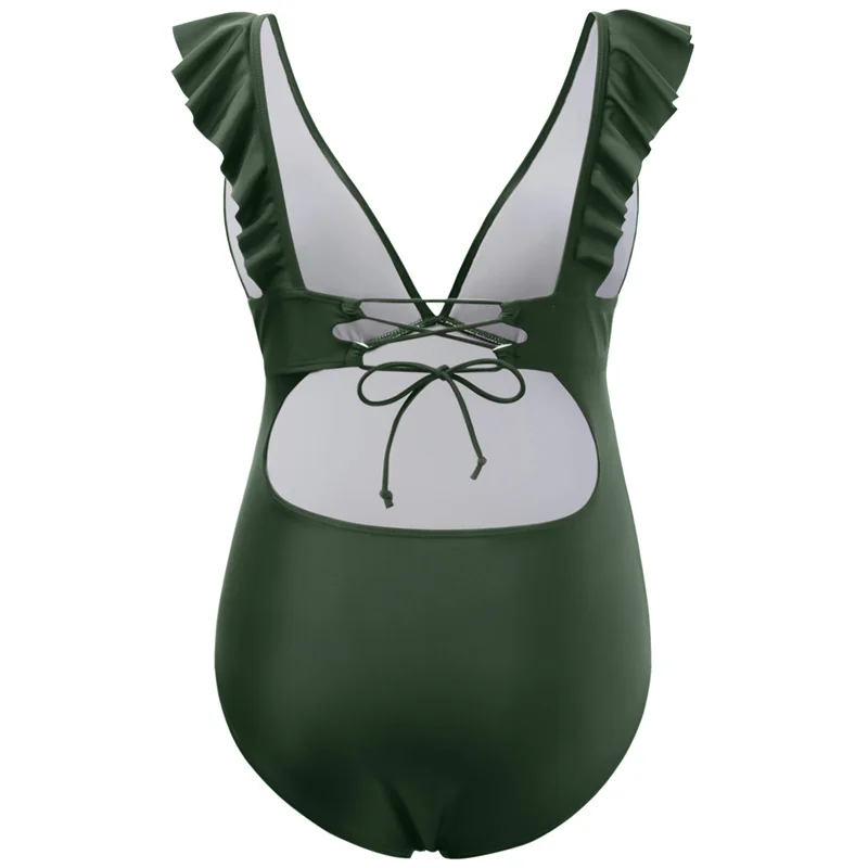 Maternity Swimsuits One Piece Cute Ruffle Pregnancy V-Neck Bathing Suits Lace-up Backless Swimwear Outfit