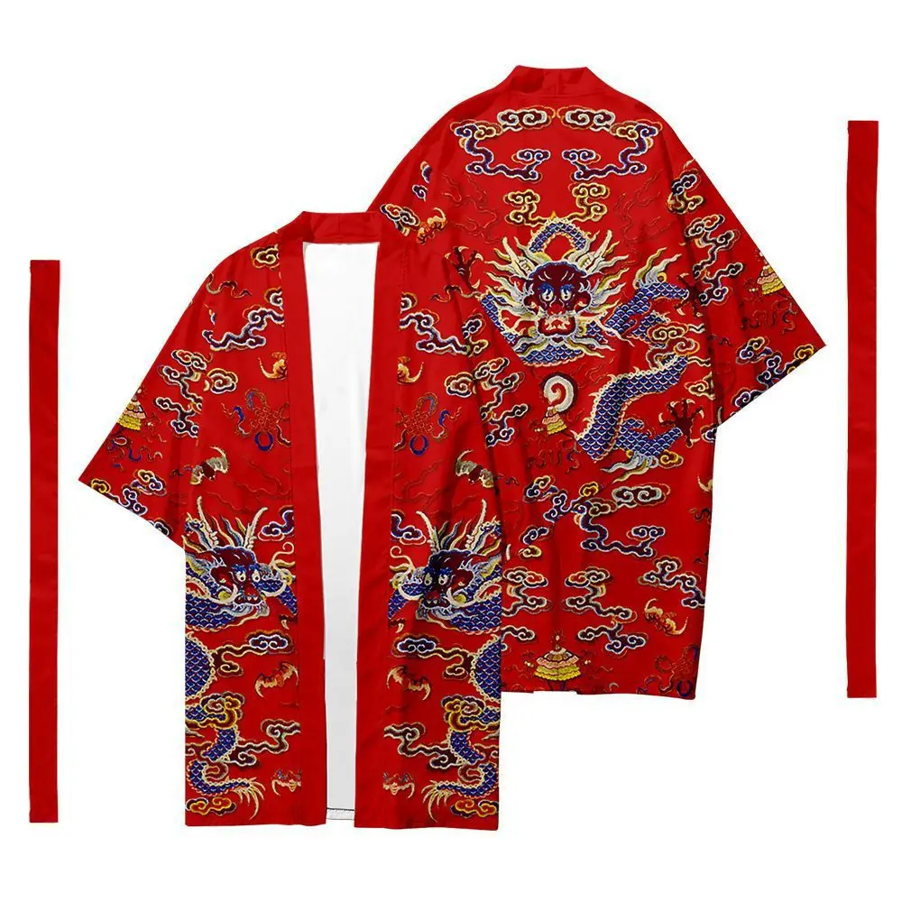 Men's Japanese Long Kimono Cardigan Samurai Costume Kimono Dragon Robe Shirt Yukata Outer Cover Tops