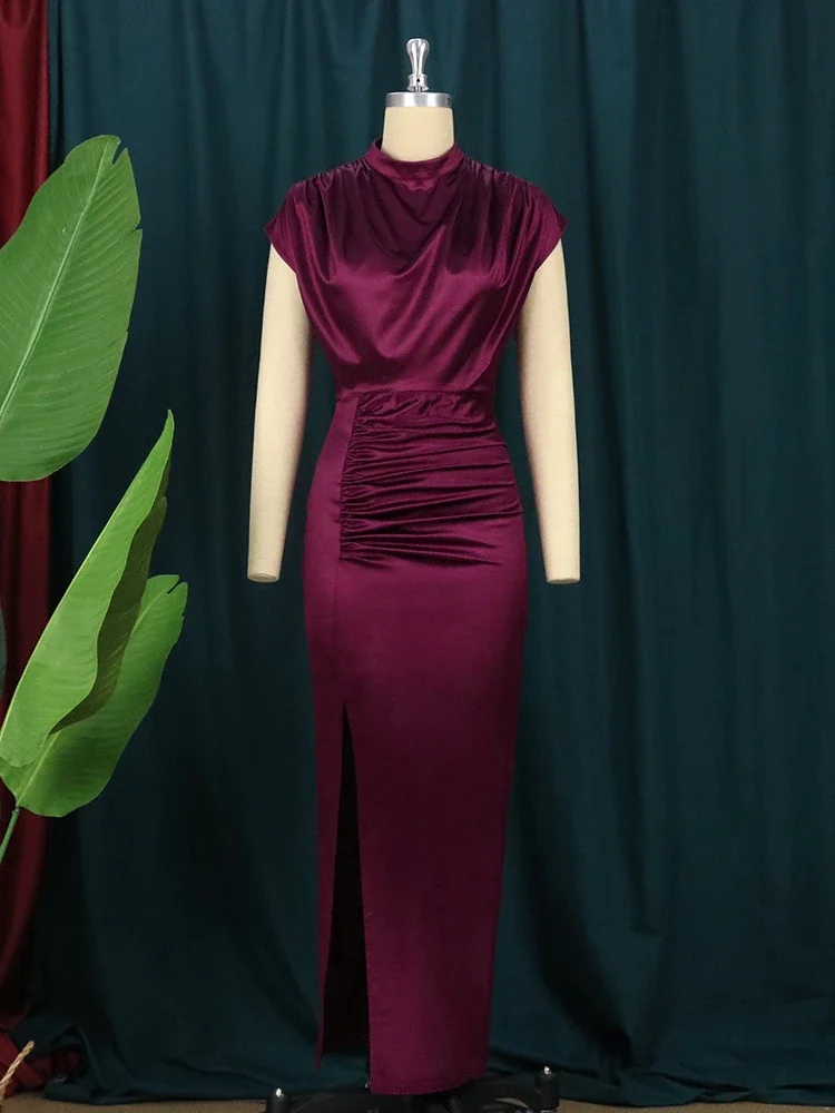 Women Dress Pleated Long Wine Red Elegant Slit High Collar Slim Fit Sleeveless Maxi Robes Female Shiny Gowns Party 2023 Spring