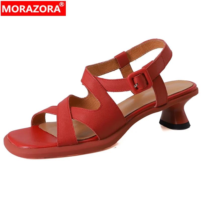 

MORAZORA 2023 New Buckle Genuine Leather Summer Sandals Women Thick Med Heels Platform Sandals Classics Ladies Shoes On Offer