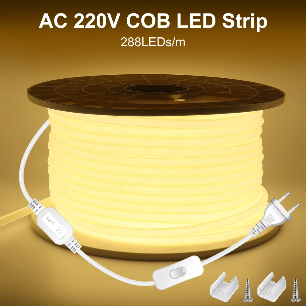 

20M 50M High Bright COB LED Strip Light 288leds/M EU Plug 220V CRI RA90 Outdoor Garden FOB Tape LED For Bedroom Kitchen Lighting