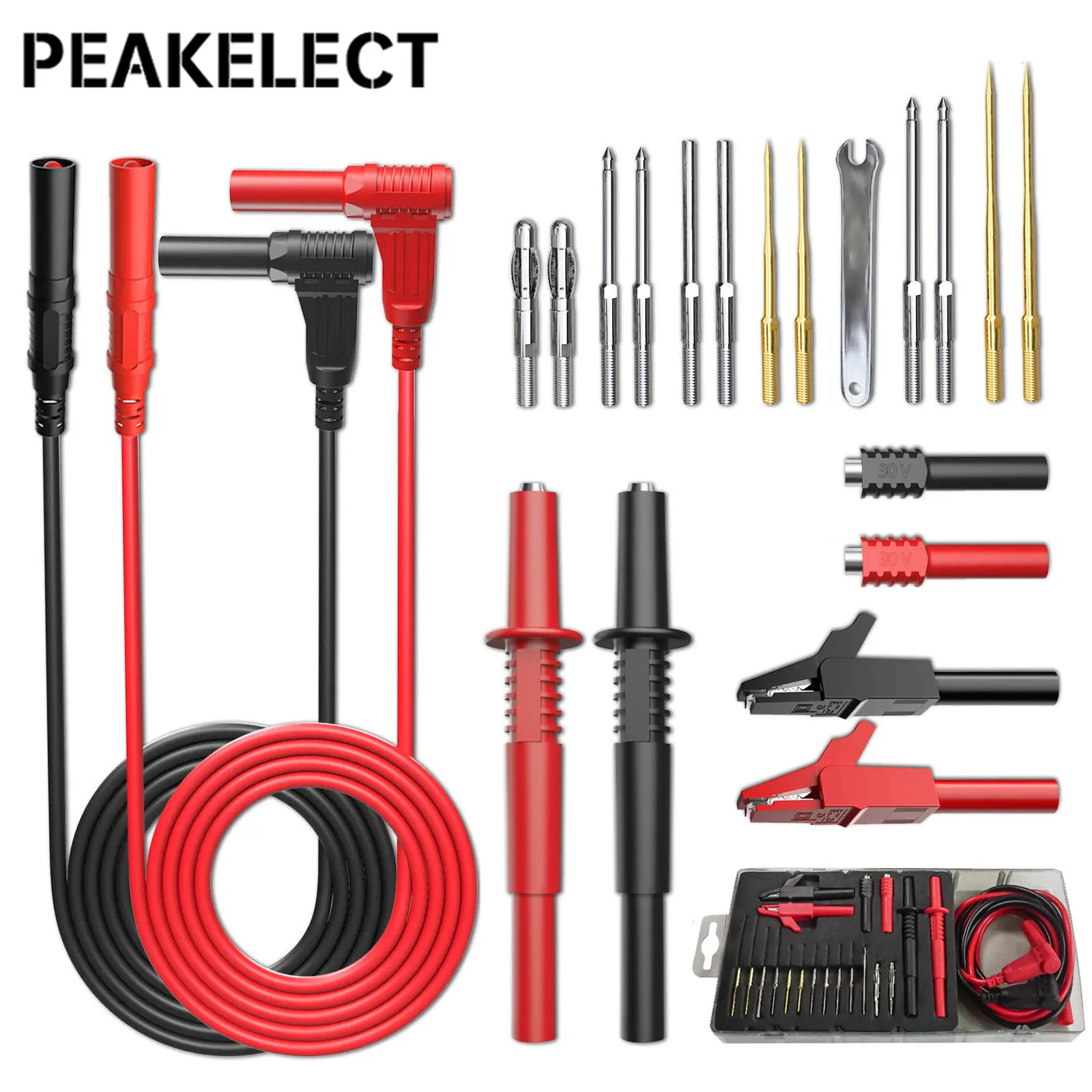 cleqee p1300 series multimeter test lead kit 4mm banana plug cable test hook clip probe alligator clip automotive tool kit Peakelect  P1308E 21PCS 4mm Banana Plug Test Lead Kit with Spanner Multiple Replaceable Needles Multimeter Probes Alligator Clip