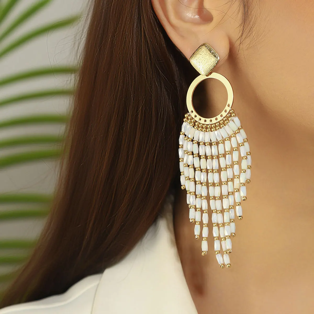 Bohemian Ethnic Crystal Beads Long Tassel Earrings for Women Vintage Elegant Geometric Metal Drop Earrings Handmade Jewelry Gift