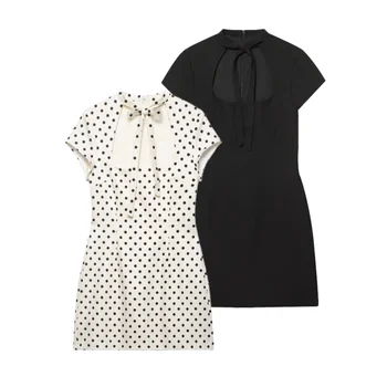Cut Out Front Bow Tie Mini Dress, Women's Polka Dot Short Sleeve Bodycon Dress, Spring Summer Sexy Fashion Party Dress 1