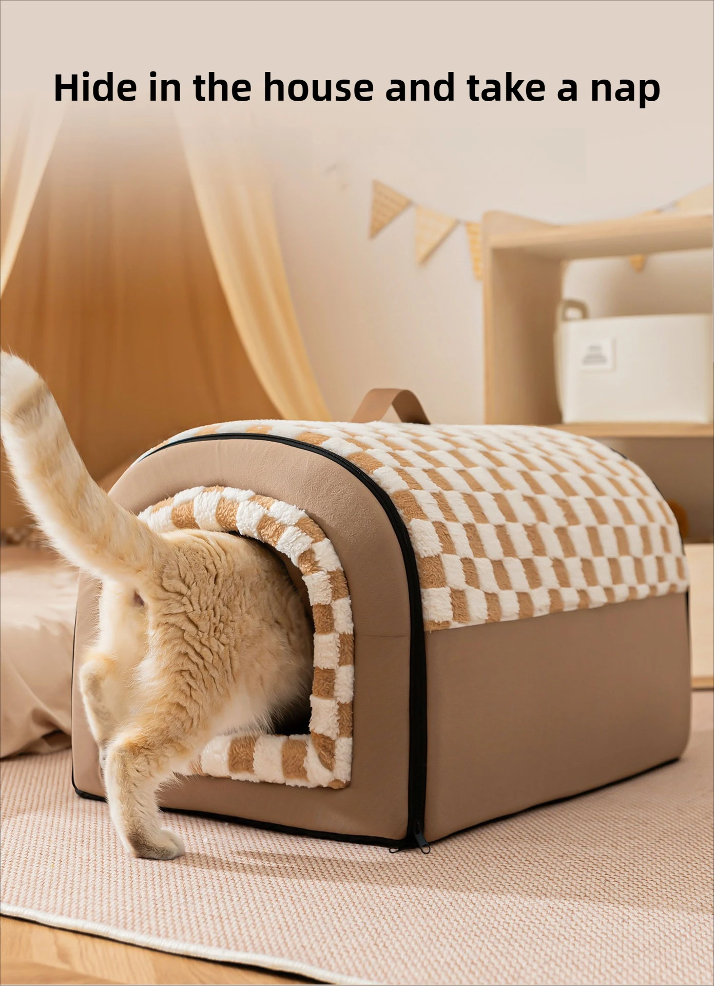 A cat entering the curved pet house through the curtained opening. The text "Hide in the house and take a nap" emphasizes the enclosed, secure nature of the design.