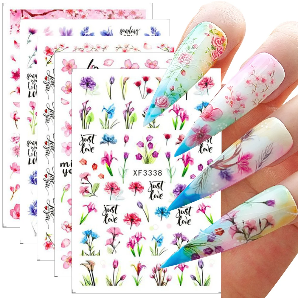 

3D Tulip Flower Nail Stickers Blooming Sakura Floral Leaves Nail Decals Cherry Blossoms Flowers Design DIY Art Decorations