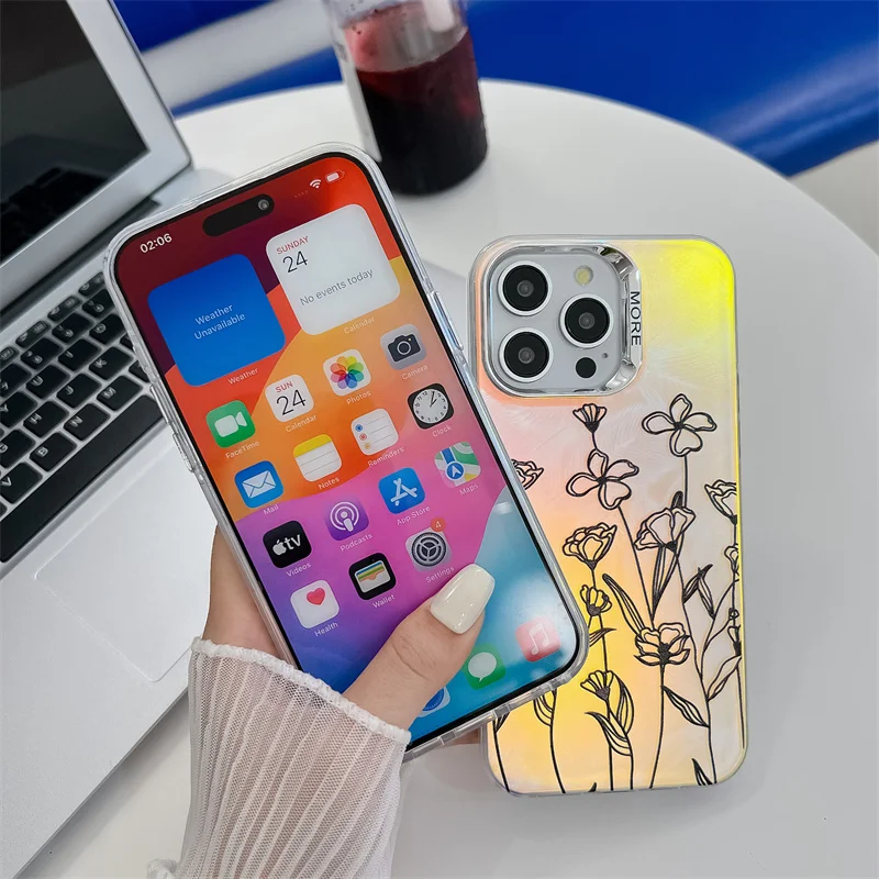 Coque de téléphone de luxe galvanisée à motif de fleur laser pour iPhone 16 15 14 13 Pro Max, coque arrière rigide antichoc en PC mat_voghion.com