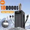 Xiaomi 100000mAh Thicken Solar Power Bank Big capacity Built-in Cables External Battery LED Light Power Bank for iPhone Huawei 1