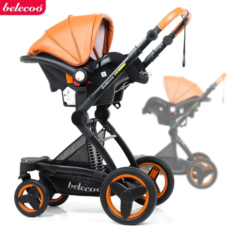 2025 NEW Baby Stroller 3in1 Waterproof Pu leather luxury stroller with car seat Adjustable handle With mosquito net,foot cover 5