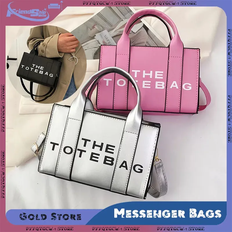 Women Messenger Bags Portable Adjustable Straps Shoulder Bag Trendy Simple PU Leather Handbag Contrast Letters Casual Tote Bags