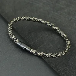 Men's Handmade Braided Leather Bracelet with Double Magnet Buckle - 21.5cm(8.5inch) (Black)