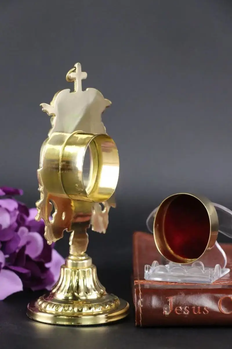 Catholic Holy Reliquary With Holder For Relics Brass High Polished Tabletop For Home Church Or Chapel Holy Monstrance