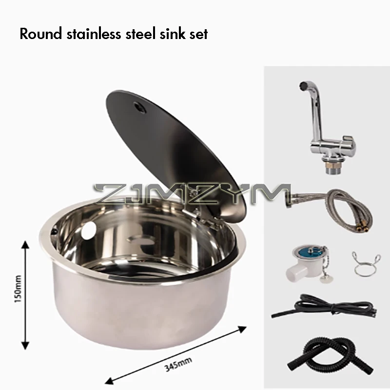 RV Sink RV Sink With Faucet for Caravan Round & Square Stainless Steel Hand Wash Basin Sink with Tempered Glass Lid Camper Accessories