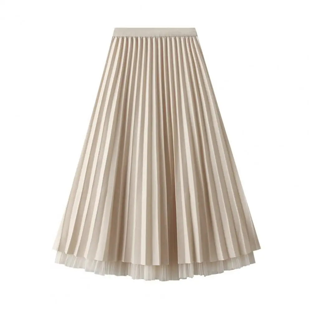 

Spring Autumn Midi Skirt Stylish Beaded Mesh Skirt Versatile Elastic Waist Pleated Design Office-ready Ladies' A-line Midi Skirt