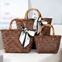 Women’s Woven Large Capacity Handbag – Bamboo Handle Crochet Tote Bag, Casual Shopping & Vacation Beach Bag for Ladies