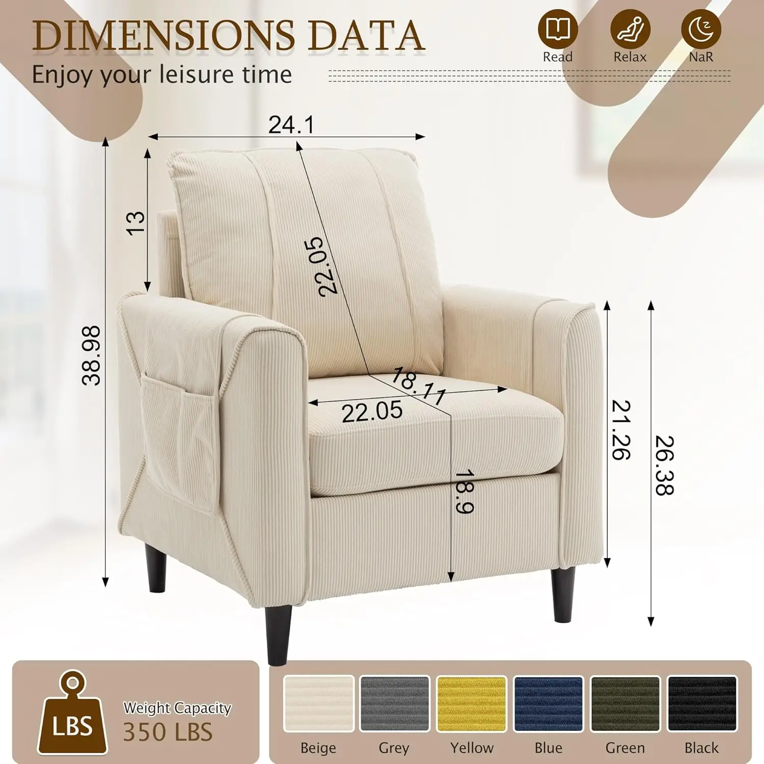 Chair, Arm Chair for Living Room, Mid-Century Modern Upholstered Reading Chair, Comfy Club Chair with Side Pockets