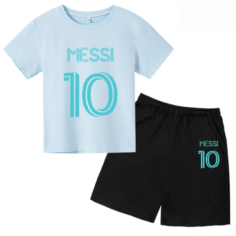 thumbnail image 1 of Nueva camiseta y pantalones cortos con estampado de Messi para niños y adolescentes, conjunto de 2 piezas, ropa de fútbol para niños y niñas, traje deportivo de moda de manga corta de verano, 1 of 5