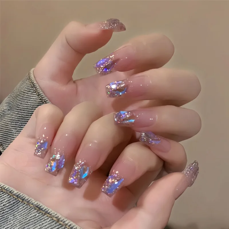 

Miniso 24Pcs Wearable Long Press On Fake Nails Tips Butterfly French False Nails with Wearing Tool Rhinestone Love Heart Glitter