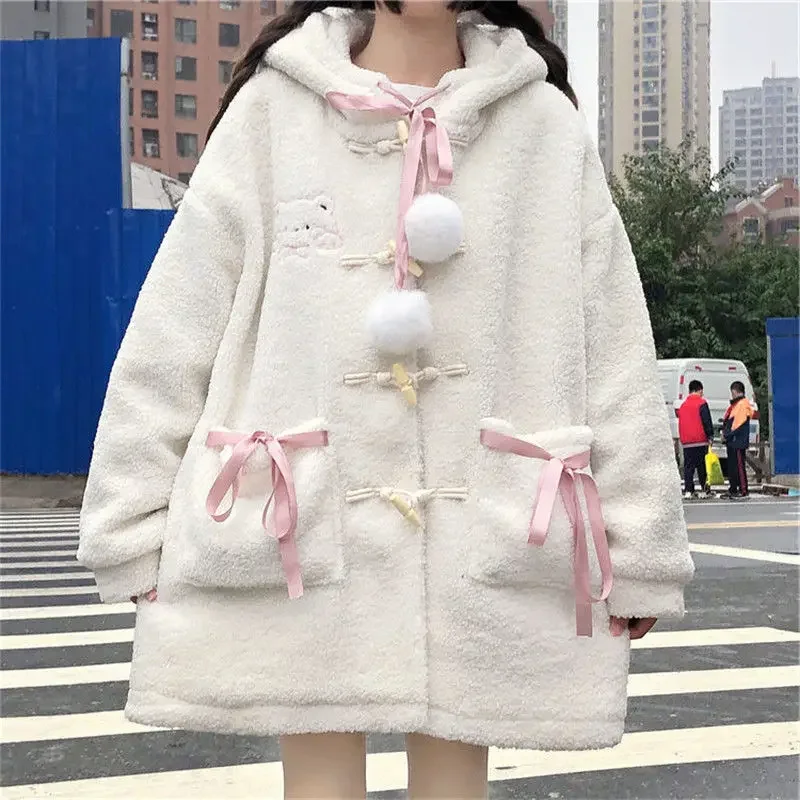 Winter Kawaii Wool Coat Women Loose Japanese Sweet Lolita Outwear Jacket Female Korean Style Pockets Warm Hoodies Overcoat 2023 мужская hoodies длинные куртки над покрывало теплый случайный капюшоном qip up траншея пальто outwear