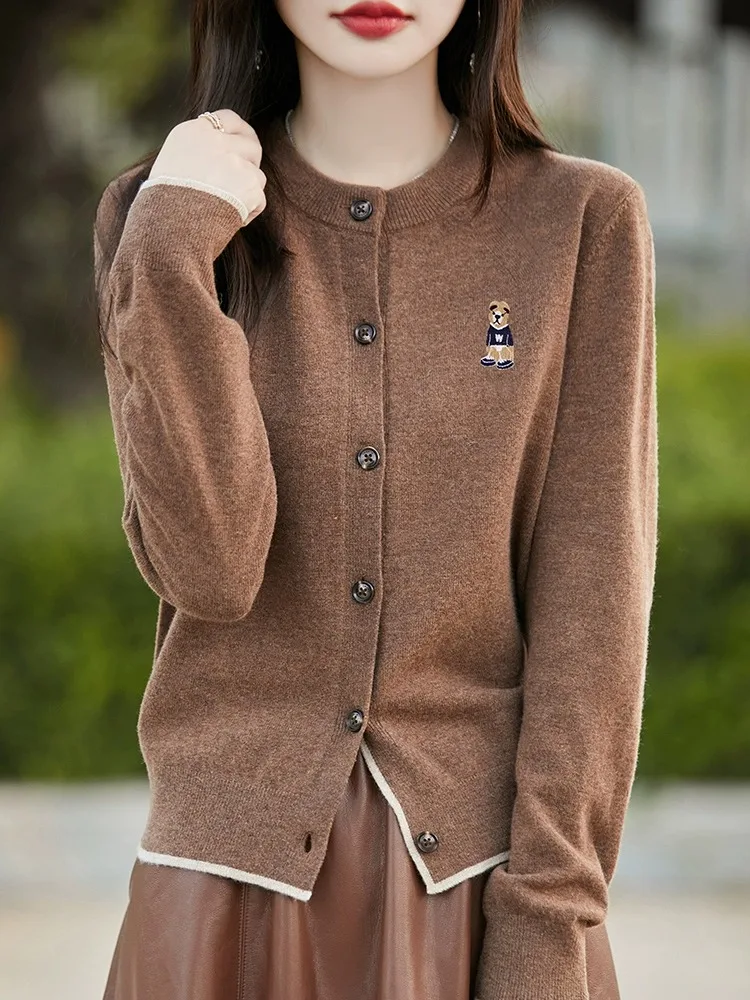 Ele Embroidered Bear Knitted Open Cardigan Women's Spring Autumn 2024 New Single Button round Ne Long Sve Sweater Ja...