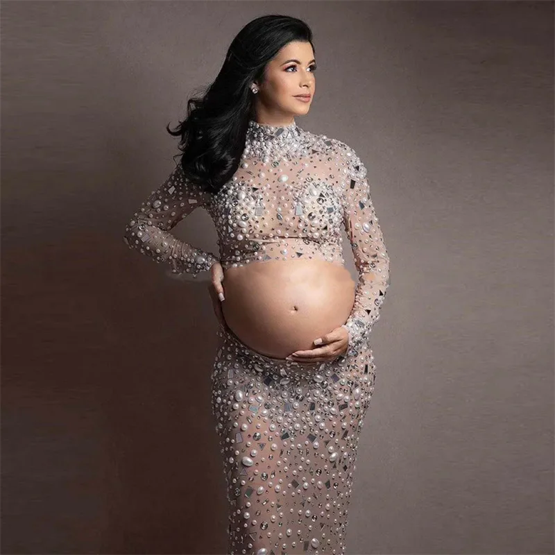 2024 New Women Dropshipping Clothing Shinny Diamond Sequin 2Pcs Sets Maternity Dress Photography Maxi Vestido Elegante