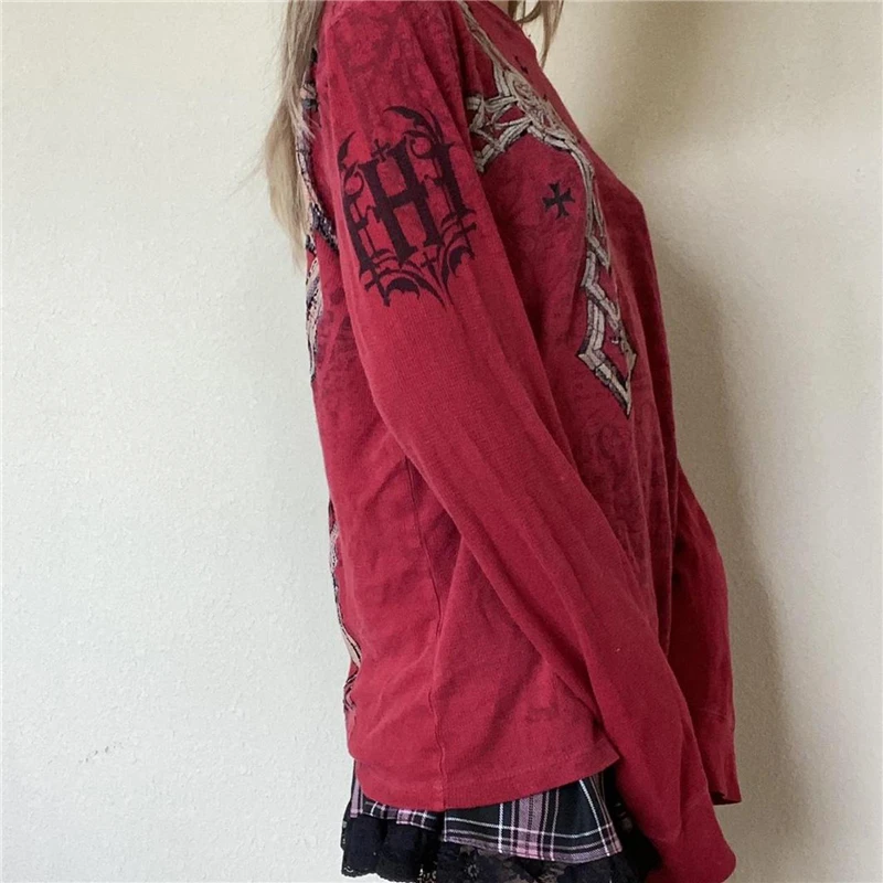 Fairy Grunge y2k Top Women Gothic Graphic Print Round Neck Long Sleeve T Shirt Emo Clothes 2000s Clothing Streetwear