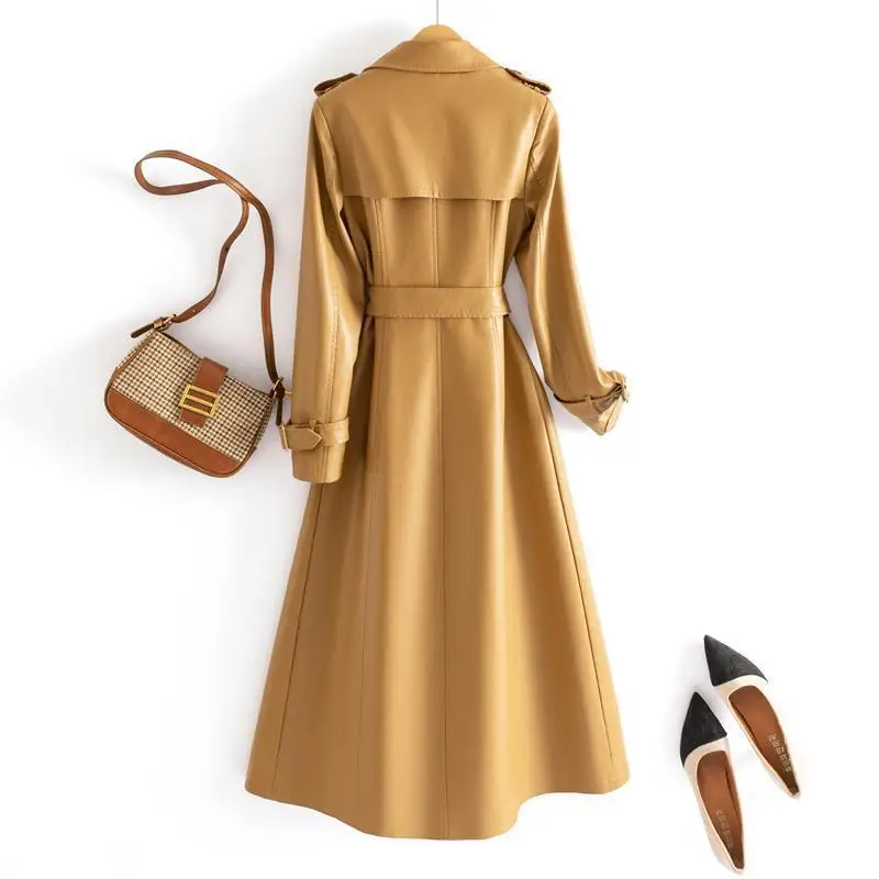 2023 Winter New Women High-End Slim-Fit Leather Coat Female Temperament Long Sheepskin Trench Outcoat Casual Versatile Outerwear