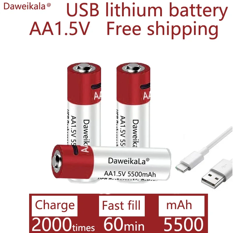 

USB AA rechargeable battery for remote mouse control 1.5V 5500mAh lithium-ion battery electric toy battery cable+free shipping